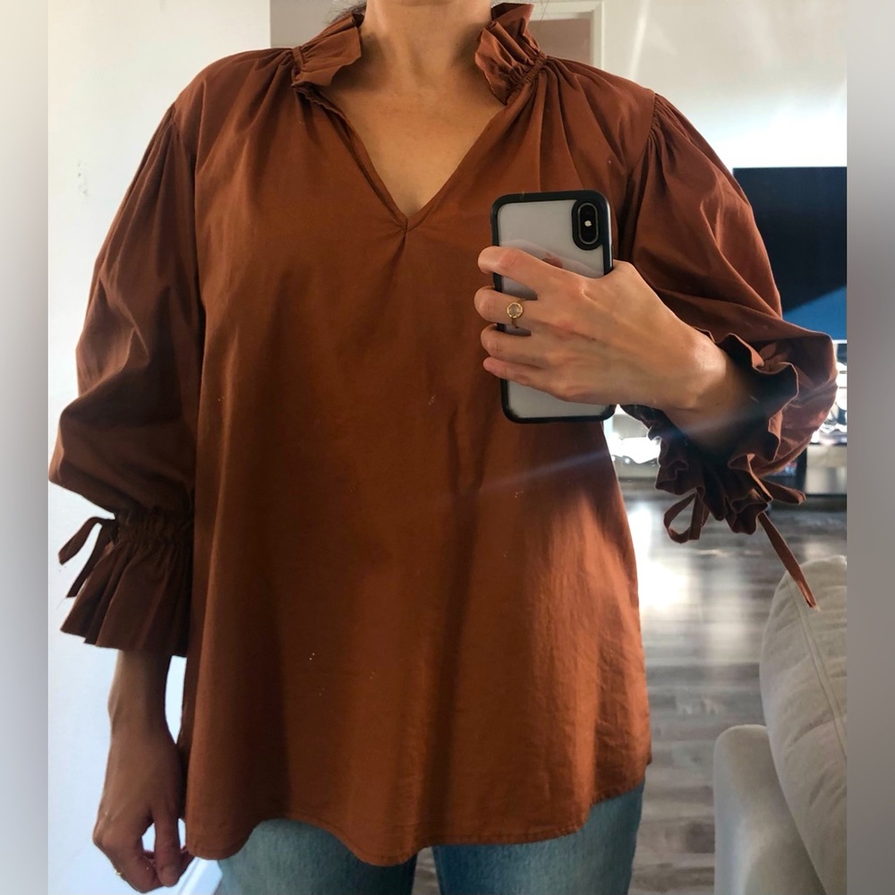 Copper Brown Ruffle Collar Puff Sleeve V Neck Blouse Sofia Italy Cotton S M